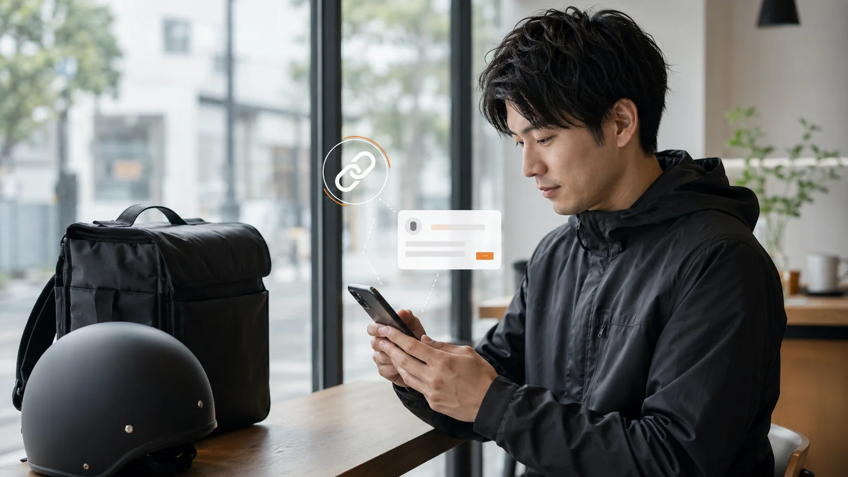 スマートフォンで招待リンクを確認する配達員