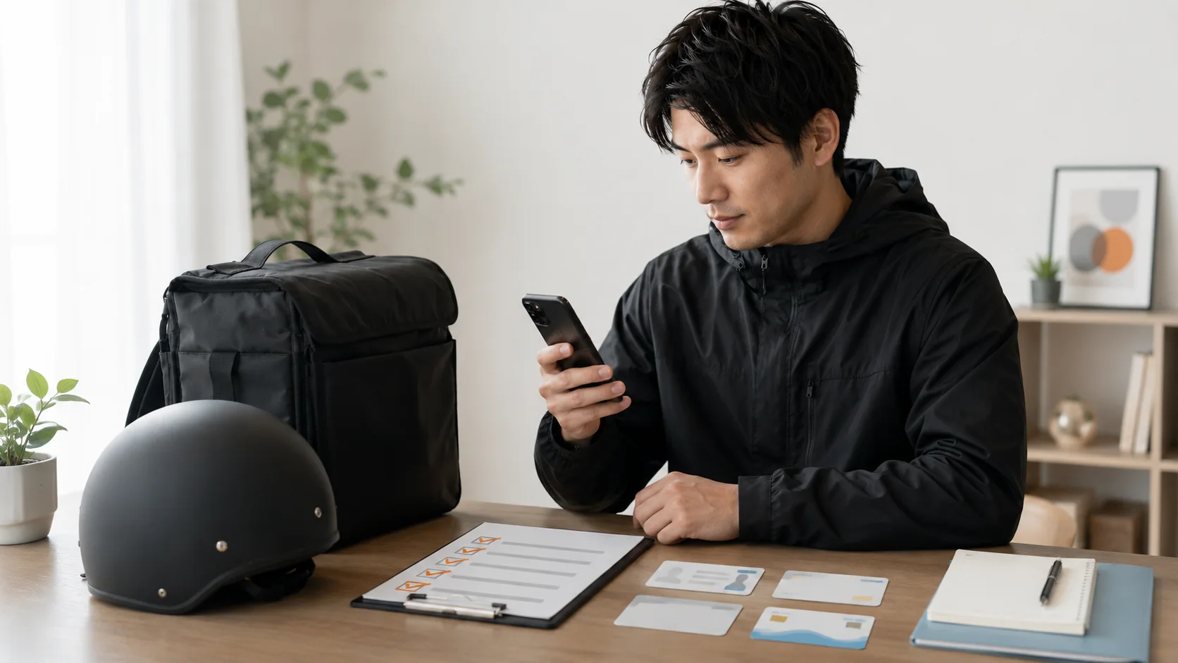 必要書類を準備して配達員登録を進める男性